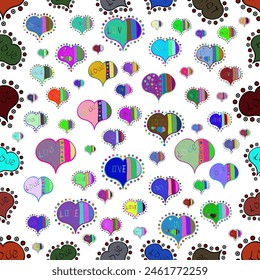 Vector illustration. Cute hearts love on white, black and gray colors on nice background. Seamless Sixties style mod pop art psychedelic colorful Love text design.