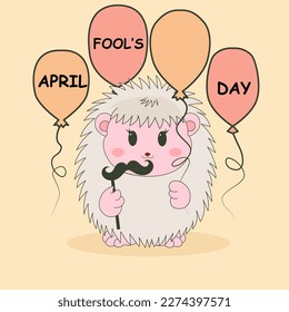 Vector illustration of a cute hedgehog and balloons between conffeti. April fools day. Vector illustration