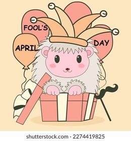 Vector illustration of a cute hedgehog and balloons between conffeti. April fools day card. April fools day. Vector illustration