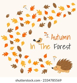 Vector illustration with cute hedgehog, bird and leaf fall in cartoon style. Forest animals and plants. Autumn in the forest.