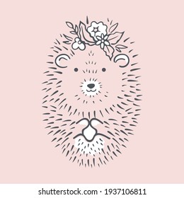 Vector illustration of a cute hedgehog curled up into a ball. Hedgehog girl with a wreath of flowers on her head.