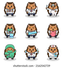 Vector Illustration of Cute Hedgehog with Doctor costume. Set of cute little Hedgehog characters. Collection of funny Hedgehog isolated on a white background.