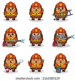 Vector Illustration of Cute Hedgehog with Firefighter costume. Set of cute little Hedgehog characters. Collection of funny Hedgehog isolated on a white background.