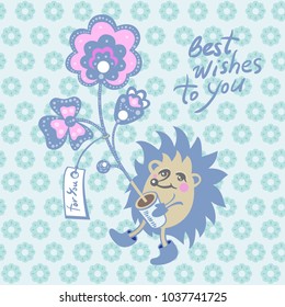 Vector illustration of cute hedgehog with flowers on blue seamless pattern background. Greeting card