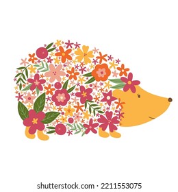 Vector illustration of a cute hedgehog with flowers. Cartoon floral hedgehog. Isolated object on white background. Good for posters, t shirts, postcards, stickers. 