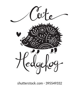Vector illustration of cute hedgehog with flowers. Element for design and t-shirt print.