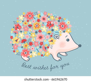 Vector illustration of cute hedgehog with flowers on blue background. Birthday greeting card 