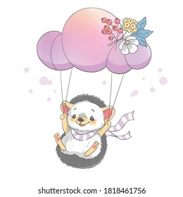 Vector illustration of a cute hedgehog flying with a cloud.