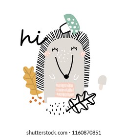 Vector illustration of cute hedgehog in forest. Can be used for kids shirt design, fashion print design, kids wear, textile, celebration card. Vector illustration.