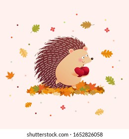 Vector illustration of cute hedgehog holding two apples in the autumn season.