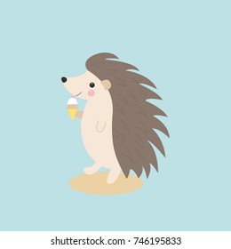 Vector illustration of cute hedgehog with ice cream on blue background