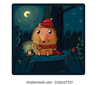 vector illustration of a cute hedgehog on Christmas eve, warm night, delicious cookies, waiting for the holiday, new year card, poster for the site