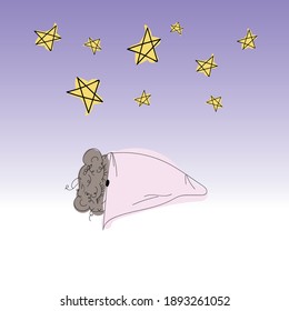 Vector. Illustration. Cute hedgehog sleeps under the starry sky