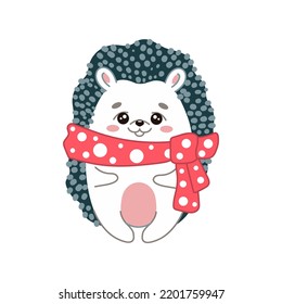 Vector illustration with a cute hedgehog in a warm scarf in cartoon style on a white background
