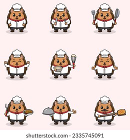 Vector Illustration of Cute Hedgehog wearing chef uniform. Flat Cartoon Style. Set of Cute Animal Characters in Chef Uniform. Vector illustration in isolated background