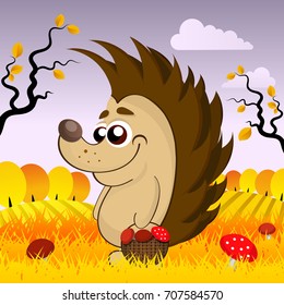 Vector illustration of a cute hedgehog in the woods in the fall