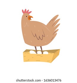 Vector illustration of a cute hen with eggs. Farm animal design
