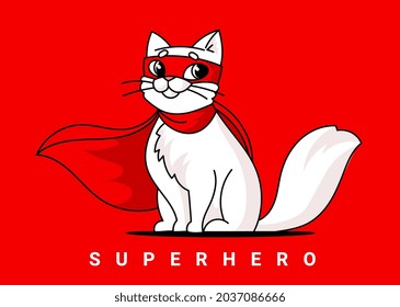Vector Illustration of Cute Hero White Cat Character in Mask and Cloak on Red Background