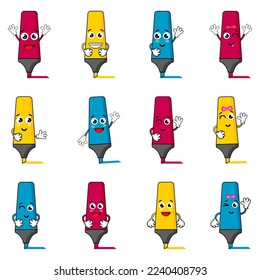 Vector Illustration Cute Highlighter Character Facial Expression Isolated In White Background