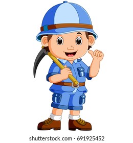 vector illustration of cute hiker boy holding axe