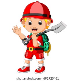 vector illustration of cute hiker boy holding shovel