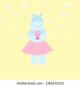 Vector illustration of a cute hippo with candy in hands