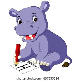 vector illustration of Cute hippo cartoon holding pencil