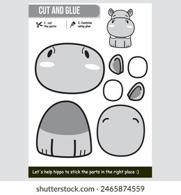 Vector illustration of a cute hippo for kids educational paper game, cut and glue activity