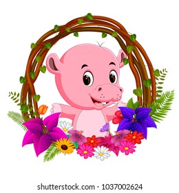 vector illustration of cute hippo in root of tree frame with flower