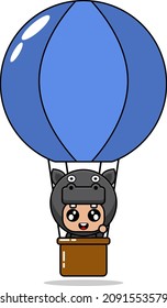 vector illustration of cute hippopotamus mascot costume cartoon character riding a flying balloon