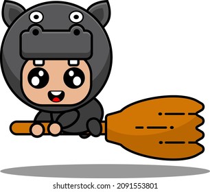 vector illustration of cute hippopotamus mascot costume cartoon character riding a broomstick