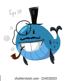 Vector illustration of cute hipster cartoon whale. Image isolated on white.