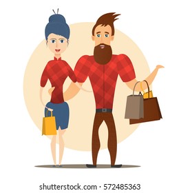 Vector illustration with cute hipster couple with shopping bags on the white background