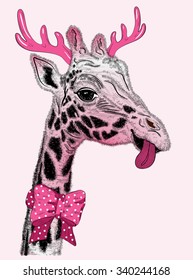 Vector illustration of Cute holiday face of giraffe with horns