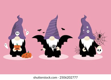 Vector illustration of cute holiday Halloween gnomes in black costume on a pink background.Vector illustration.
