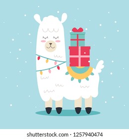 Vector illustration of cute holiday lama or alpaca carrying Christmas gift presents. Lama wearing Christmas garland