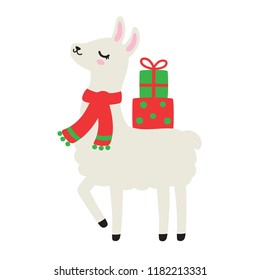 Vector illustration of cute holiday llama or alpaca carrying Christmas gift presents. Llama wearing Christmas scarf.