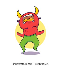 Vector illustration of cute horned devil character. Angry cute devil. Angry red devil. Cute Demon.