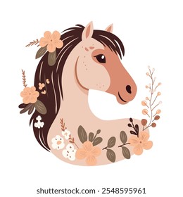 Vector illustration of a cute horse adorned with flowers in warm beige and brown tones. 