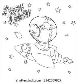Vector illustration of Cute horse Astronaut Riding Rocket. Cartoon isolated vector illustration, Creative vector Childish design for kids activity colouring book or page.