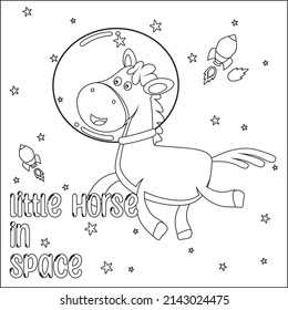 Vector illustration of cute horse Astronaut Floating In Space. Cartoon isolated vector illustration, Creative vector Childish design for kids activity colouring book or page.