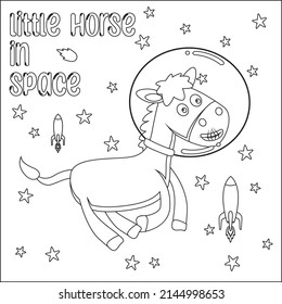 Vector illustration of cute horse Astronaut Floating In Space. Cartoon isolated vector illustration, Creative vector Childish design for kids activity colouring book or page.