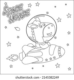 Vector illustration of Cute horse Astronaut Riding Rocket. Cartoon isolated vector illustration, Creative vector Childish design for kids activity colouring book or page.
