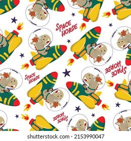 Vector illustration of cute horse astronaut play with his rocket. Animal in outer space. Creative vector childish background for fabric textile, nursery wallpaper, poster, and other decoration.