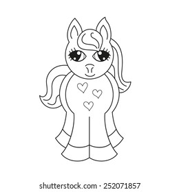 Vector illustration of cute horse fullface, pony with a magnificent mane and tail, coloring book page for children