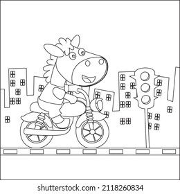 Vector illustration of cute horse ride a motorcycle, Funny vector illustration, Trendy children graphic with Line Art Design Hand Drawing Sketch Vector illustration For Adult And Kids Coloring Book.
