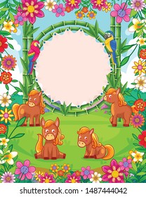 Vector illustration of cute horses with bamboo blank sign in the garden