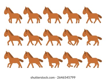 Vector illustration of cute horses. Set of walking and running horses. White background.

