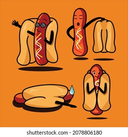 Vector illustration of cute hot dog character feeling hot and tired. Suitable for food item, etc.