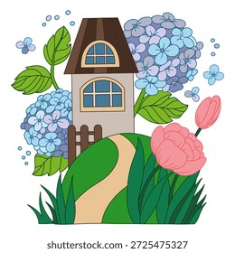 Ilustración vectorial con una linda casa y flores. Prado con hortensias y rosas.